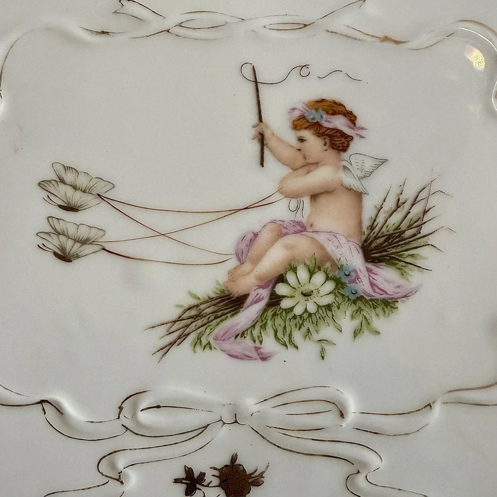 VTG Antique Lenwile Ardalt Porcelain Dresser Butterfly Tray Cherub Cupid 12x10
